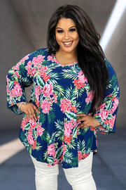 17 PQ-E {Paradise Has Arrived} Navy Floral V-Neck Top PLUS SIZE XL 2X 3X