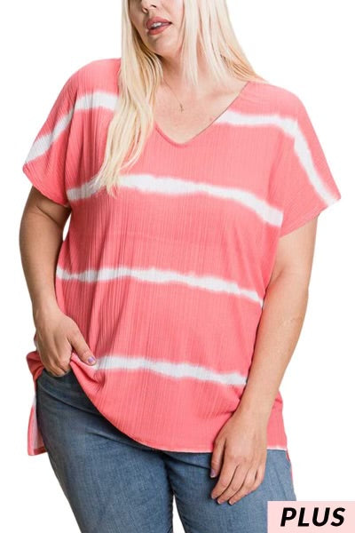 33 PSS-A {Who Am I} Coral Tie Dye Stripe Top PLUS SIZE XL 2X 3X