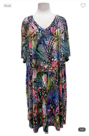 75 PSS-U {Hoping To Fly} Blue Green Butterfly V-Neck Dress EXTENDED PLUS SIZE 3X 4X 5X
