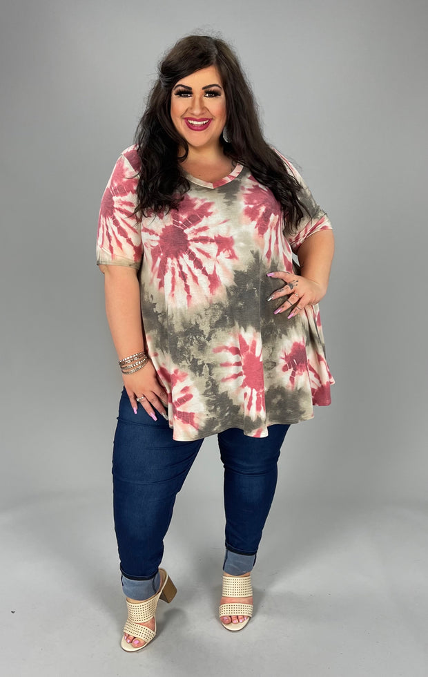 89 OR 85 PSS-A {Sweet As Pie} Olive/Rose Red Tie Dye Tunic PLUS SIZES XL 2X 3X