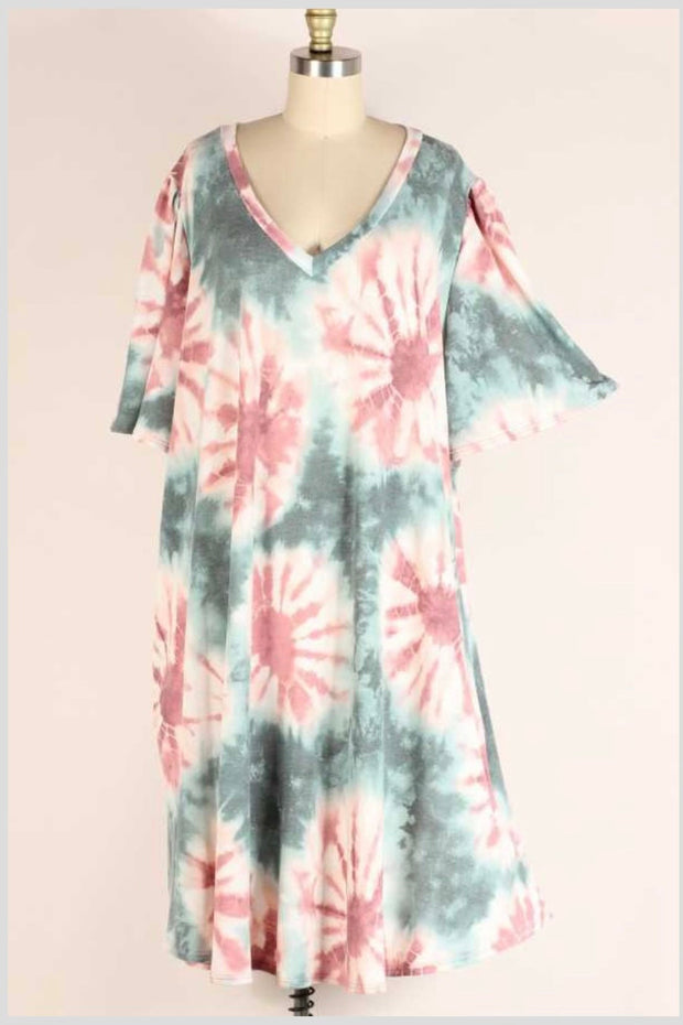 99 PSS-P {In Good Spirits} Sage Tie Dye V-Neck Dress EXTENDED PLUS SIZE 3X 4X 5X