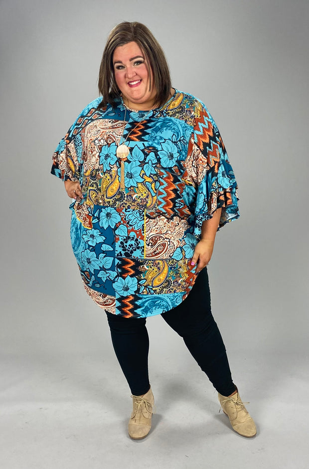 28 PQ-O {Gentle Beauty} Blue Floral Ruffle Sleeve Tunic EXTENDED PLUS SIZE 3X 4X 5X