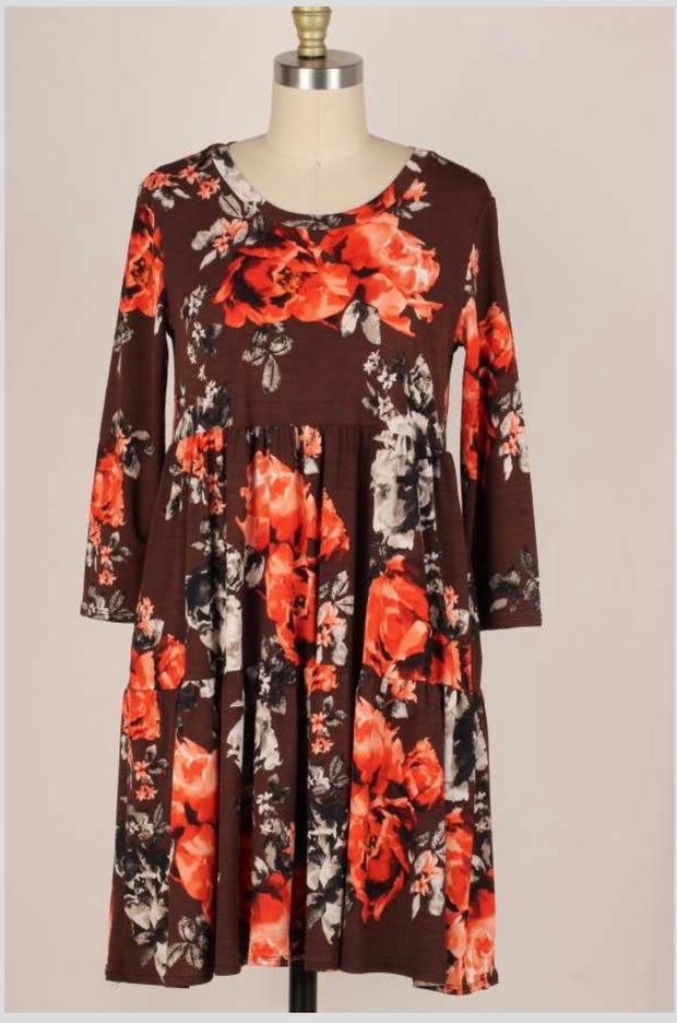 30 OR 37 PQ-B {Garden Of Love} Dark Brown Floral Tiered Dress PLUS SIZE 1X 2X 3X