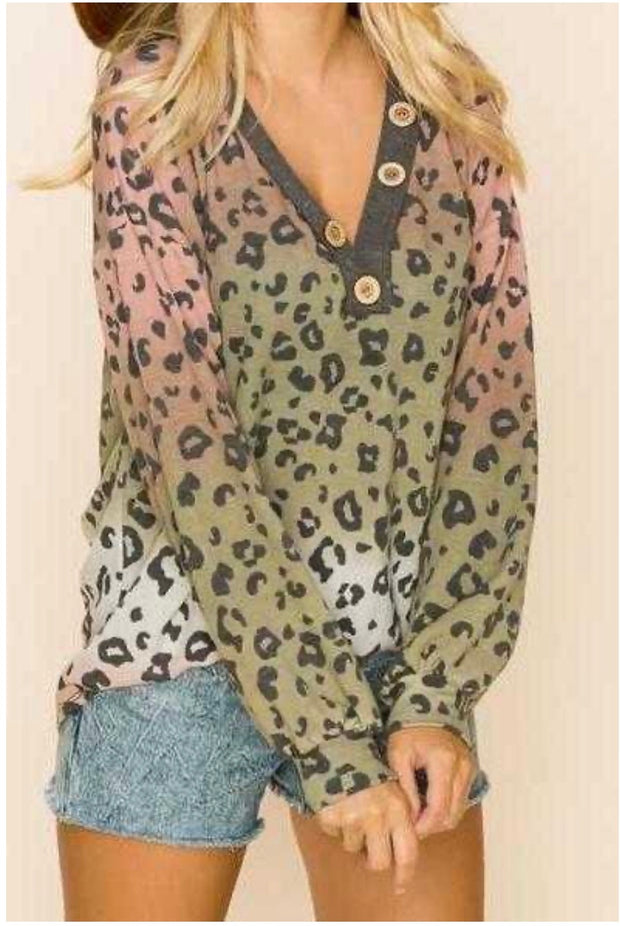 21 PLS-A {On Fire} Mauve Olive Ombre Leopard Button Top PLUS SIZE XL 2X 3X