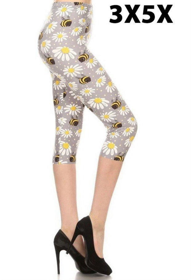 BIN 98- {Buzzy Delight} Bee & Daisy Butter Soft Capri Leggings EXTENDED PLUS SIZE 3X/5X