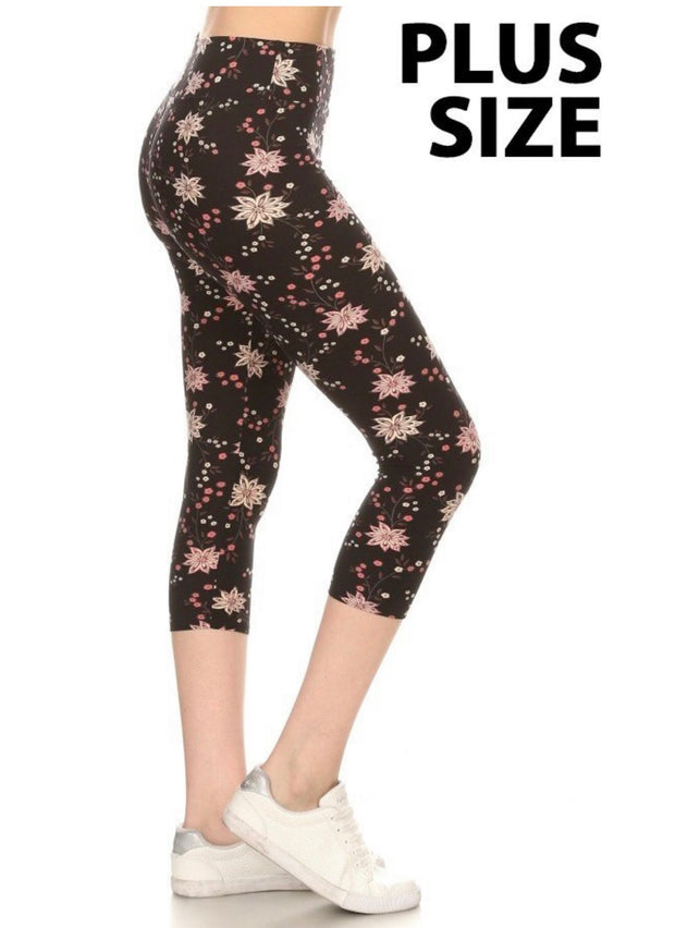 LEG-W{MVP Moves} Black Pink Floral Butter Soft Capri Plus Size