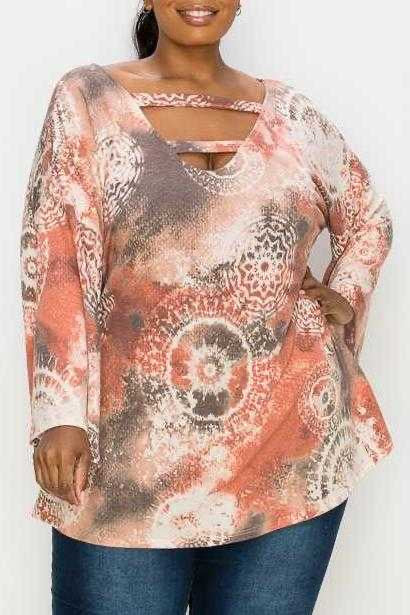 93 PLS-B {Curvy Distraction} Rust Print Top W/Neck Detail EXTENDED PLUS SIZE 3X 4X 5X 6X