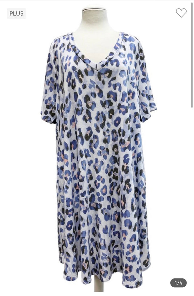 34 PSS-J {Happy To Help} Blue Animal Print V-Neck Dress EXTENDED PLUS SIZE 3X 4X 5X