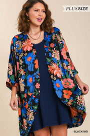 44 OT-A  {Vibrant Vibes}  Umgee Black Mix Floral Kimono  PLUS SIZE XL/1X  1X/2X