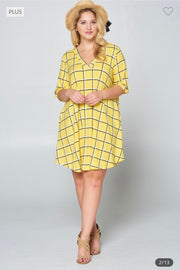 99 PSS-A {Catch My Drift} Yellow Check Print V-Neck Dress SALE!!!  PLUS SIZE 1X 2X 3X