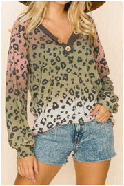 21 PLS-A {On Fire} Mauve Olive Ombre Leopard Button Top PLUS SIZE XL 2X 3X