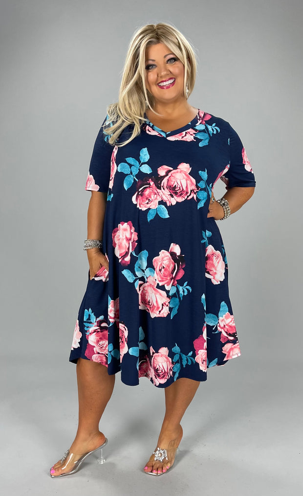 54 PSS-B {Show Up And Show Out} ***SALE***Navy Floral V-Neck Dress EXTENDED PLUS SIZE 3X 4X 5X