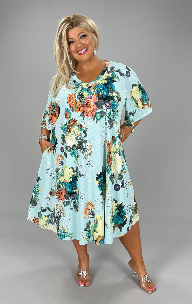 29 PSS-L {Chase The Sun} Lt. Blue Floral V-Neck Dress EXTENDED PLUS SIZE 3X 4X 5X *** FLASH SALE***