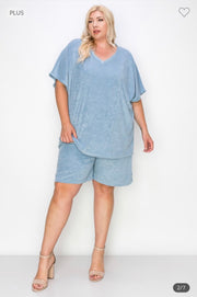 91 SET-A {What A Comfort} Blue French Terry Short Set EXTENDED PLUS SIZE 3X 4X 5X***SALE***