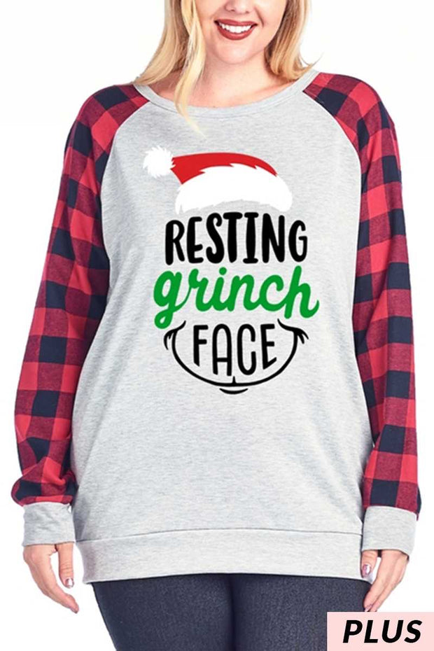 32 GT-A {Grinch Face} Grey Red Plaid "Resting Grinch Face" Top PLUS SIZE XL 2X 3X