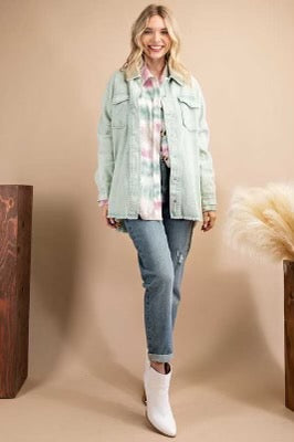 93 OT-A {Frayed Sweetness} Washed Sage Denim Jacket PLUS SIZE 1X 2X 3X