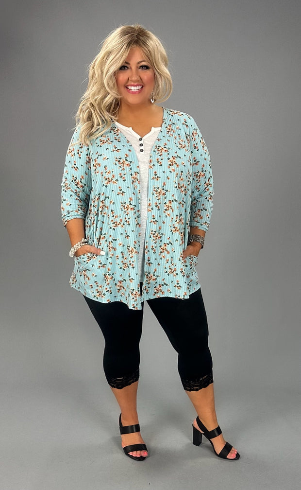 49 OT-B {Raise Your Standard} SALE!!! Aqua Floral Ribbed Cardigan CURVY BRAND!!!  EXTENDED PLUS SIZE 1X 2X 3X 4X 5X 6X