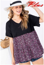 93 CP-D {Petal Perfect} Black Floral V-Neck Top PLUS SIZE 1X 2X 3X