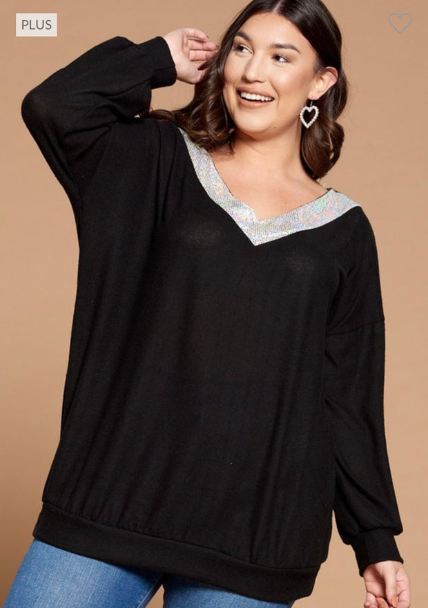 13 SD-A {Va Va Voom} Black Sweater W/Silver V-Neck PLUS SIZE 1X 2X 3X