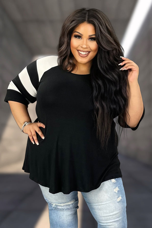 11 CP-A {Curvy Hanging Out} Black Tunic w/Striped Sleeve CURVY BRAND!!!  EXTENDED PLUS SIZE XL 2X 3X 4X 5X 6X