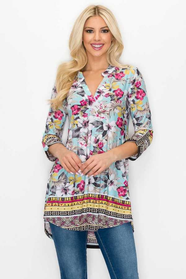 27 PQ-C {Before I Go} Mint Floral Print Roll Tab Sleeve Tunic PLUS SIZE XL 2X 3X