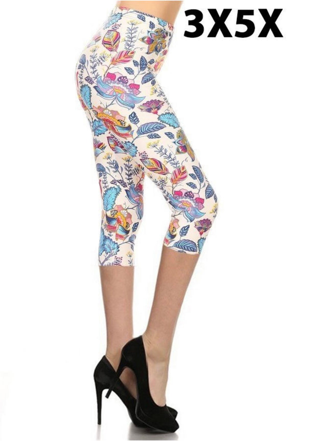 LEG-53 {Basically Blue} Blue Floral White Butter Soft Capri Leggings EXTENDED PLUS SIZE 3X/5X