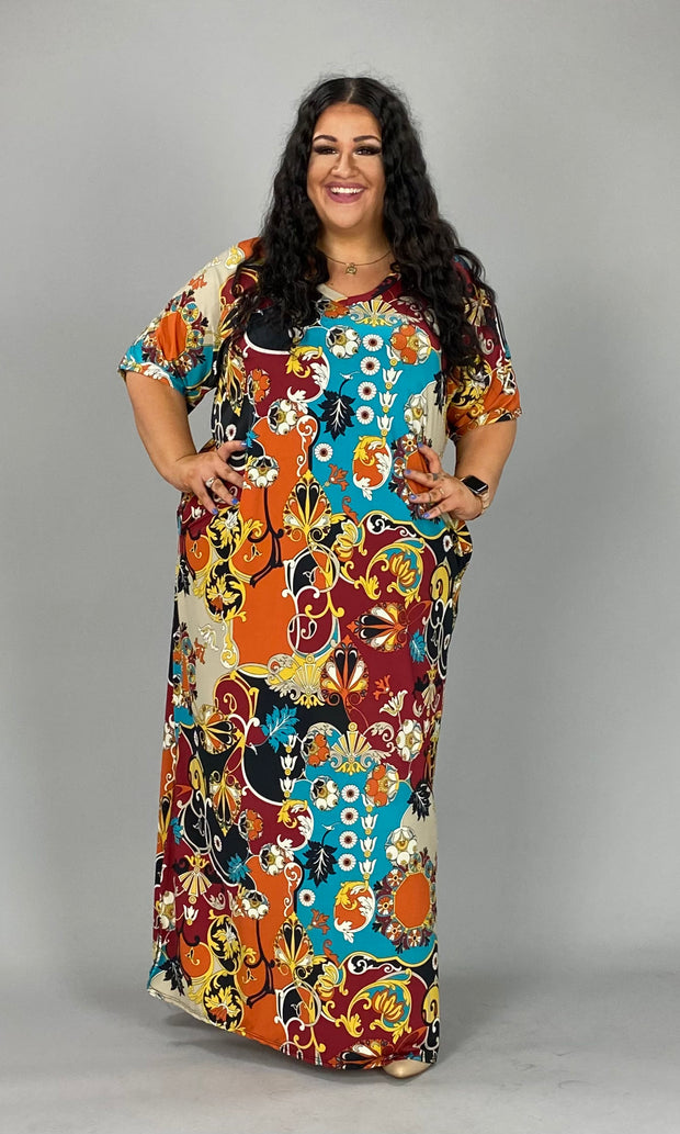 LD-P {Girl Talk} Red Print V-Neck Maxi Dress EXTENDED PLUS SIZE 3X 4X 5X