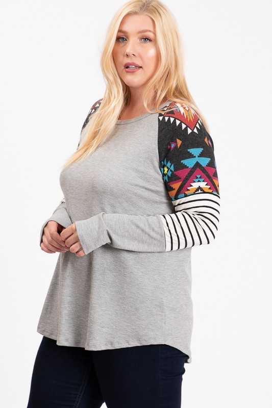 23 CP-K {Timeless Form} Grey Aztec Sleeve Top PLUS SIZE XL 2X 3X