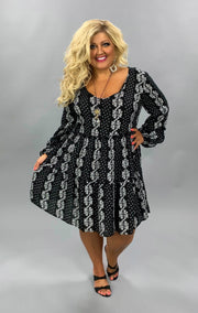 PLS-A {Little Darling}  Black & Ivory Floral Print Elastic Sleeve Dress  ***No Stretch***PLUS SIZE 1X 2X 3X