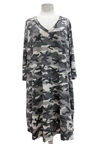 30 PQ-R {Keep Looking Forward} Grey Camo V-Neck Dress EXTENDED PLUS SIZE 3X 4X 5X