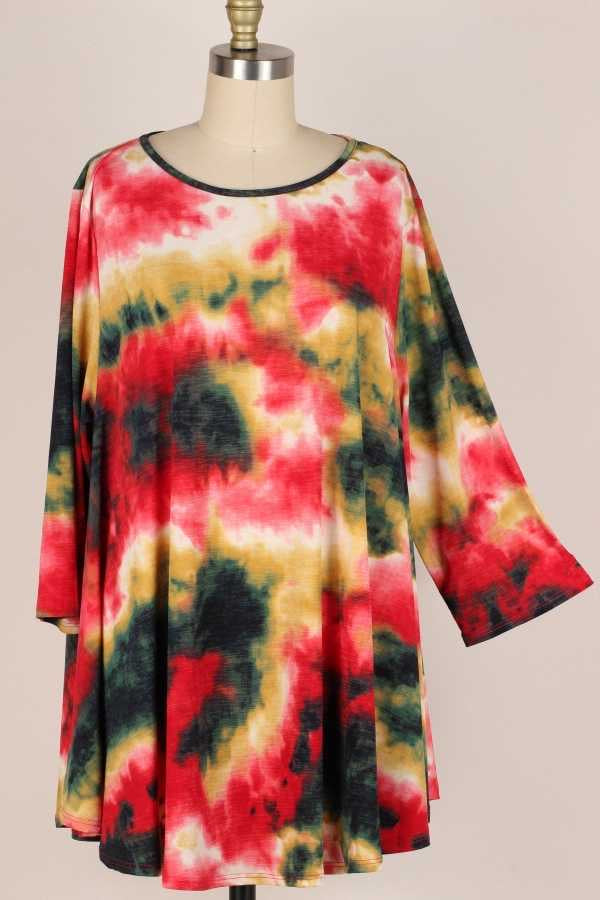 74 PQ-D {Follow The Joy} Red/Green Tie Dye Top EXTENDED PLUS SIZE 3X 4X 5X