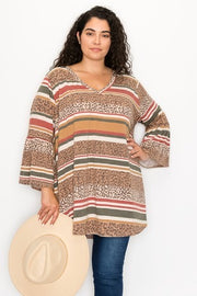 38 PQ-B {Join Me Now} Brown Mixed Print Striped Top EXTENDED PLUS SIZE 3X 4X 5X