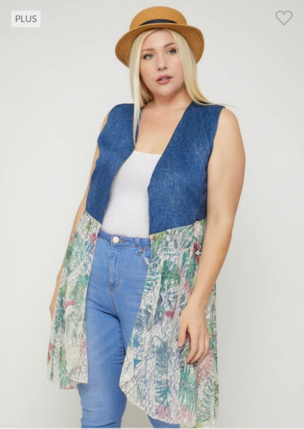 29 OR 33 OT-Y {Time To Dress Up} Denim/Tropical Lace Vest PLUS SIZE XL 2X 3X