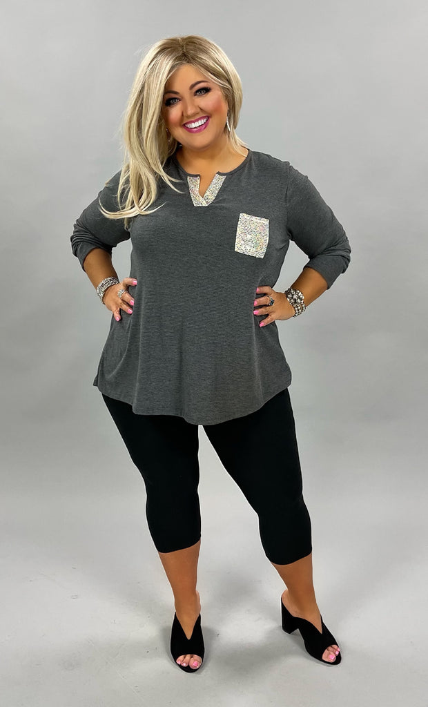 23 SD-A {Best Guess] Grey Sparkle Pocket Top PLUS SIZE XL 2X 3X