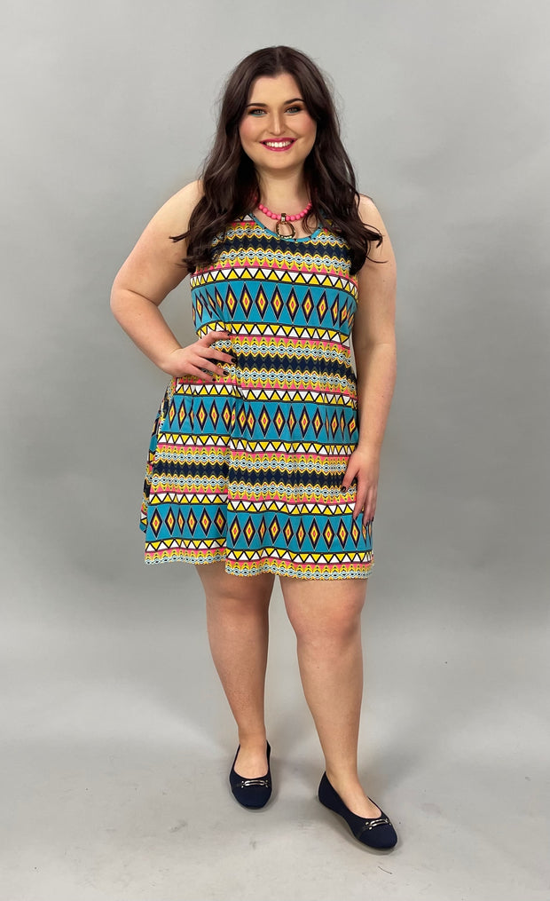 SV-Y {Find Me} Blue/Fuchsia Ethnic Print Dress PLUS SIZE 1X 2X 3X