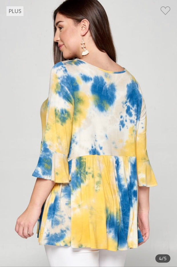 72 PQ-L {Sweet Ideas} Yellow/Blue Soft Tie-Dye Tunic PLUS SIZE 1X 2X 3X