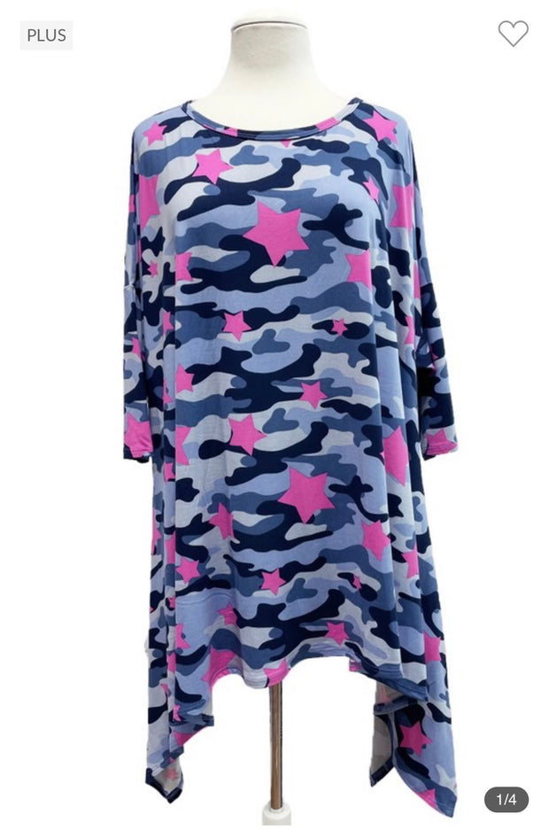 75 PQ-D {Stargazer} Indigo Camo Star Print Sharkbite Hem Top EXTENDED PLUS SIZE 3X 4X 5X