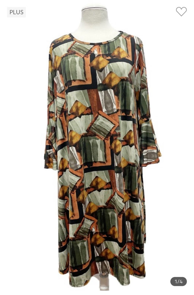 79 PQ-A {Diamonds Floating} Olive/Rust Print Dress SALE!!!  EXTENDED PLUS SIZE 3X 4X 5X