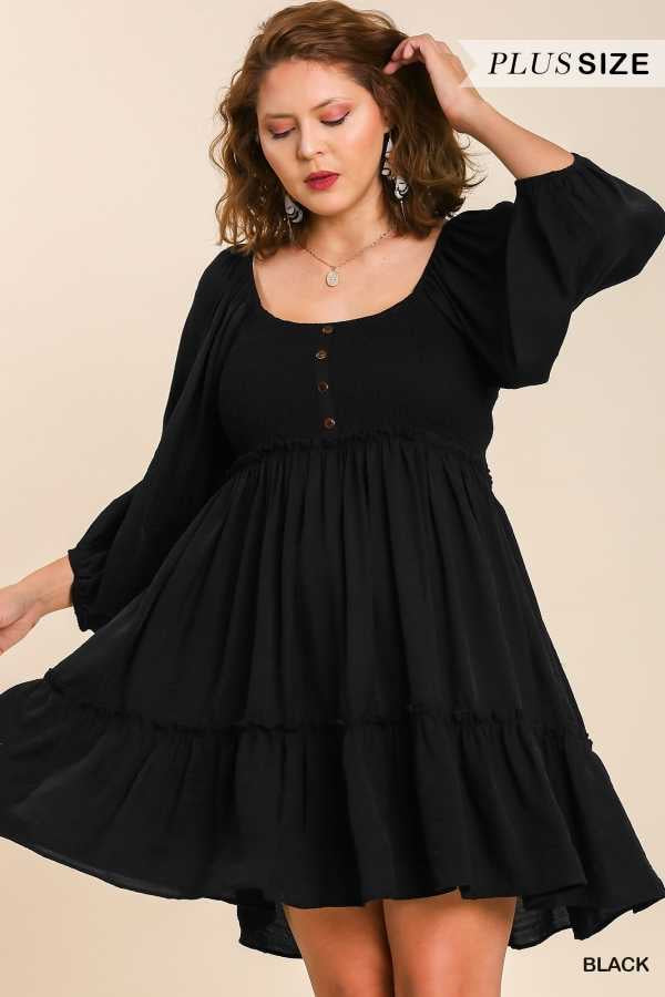 46 SQ-C {Into Bliss} Umgee Black Smocked Dress PLUS SIZE XL 1X 2X