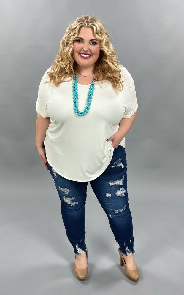 58  SSS-A {Hint of Ivory} ***SALE***Ivory V-Neck Top Short Cuffed Sleeve Top PLUS SIZE 1X 2X 3X