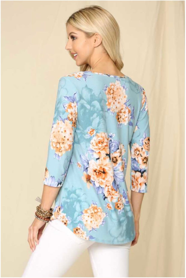 57 PQ-A {We Can Dream} Blue Floral Print Top PLUS SIZE 1X 2X 3X