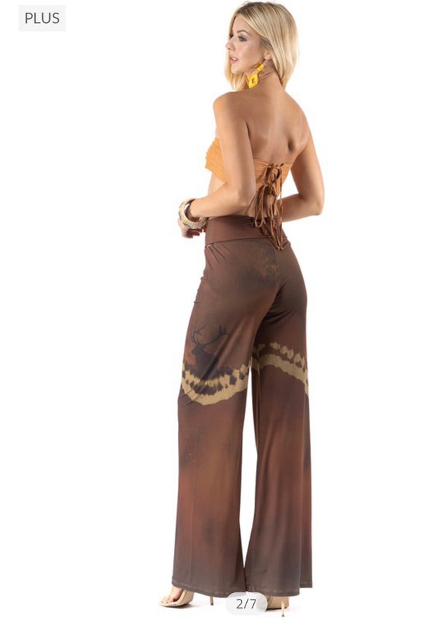 BT-A {Deer Tracks} Brown Deer Print Palazzo Pants PLUS SIZE 1X 2X 3X