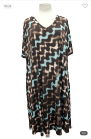 17  PSS-O {Wavelength} Brown/Mint Print V-Neck Dress PLUS SIZE 1X 2X 3X