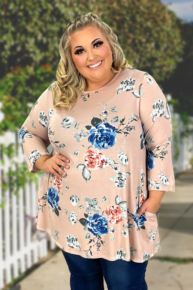 68 PQ-F {So Popular} Blush Floral Tunic w/Pockets EXTENDED PLUS SIZE 3X 4X 5X