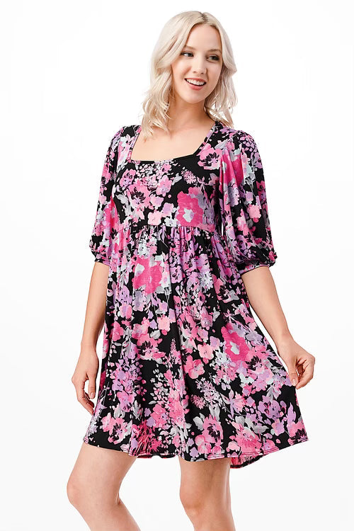 55 PQ-B {Blissfully In Love} ***SALE***Black/Pink Floral Babydoll Dress PLUS SIZE 1X 2X 3X