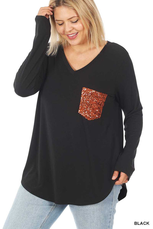 20 OR 56 SD-B {Stunning Vision} Black V-Neck Sequin Pocket Top PLUS SIZE 1X 2X 3X