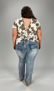 53 PSS-A {Gathered Treasure} Ivory/Brown Cow Print Top PLUS SIZE 1X 2X 3X *** FLASH SALE***