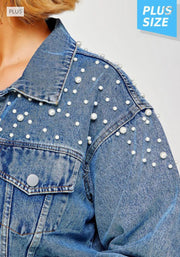 41 OT-B  {Elegant Denim} Denim Jacket with Pearl Detail (RUNS SMALL) PLUS SIZE 1X/2X 2X/3X