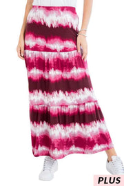 BT-I {Genuine Gratitude} BURGUNDY Tie Dye Tiered Skirt PLUS SIZE 1X 2X  3X