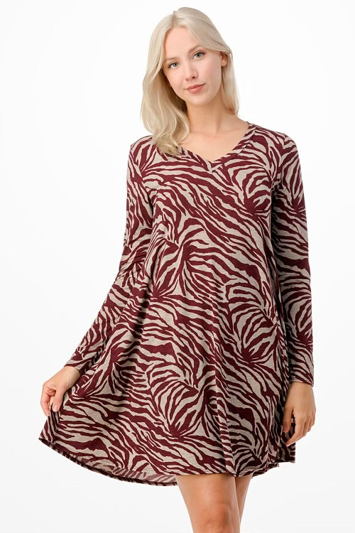 15 PLS-Z {Zebra Affair} Wine Zebra Print V-Neck Dress PLUS SIZE 1X 2X 3X